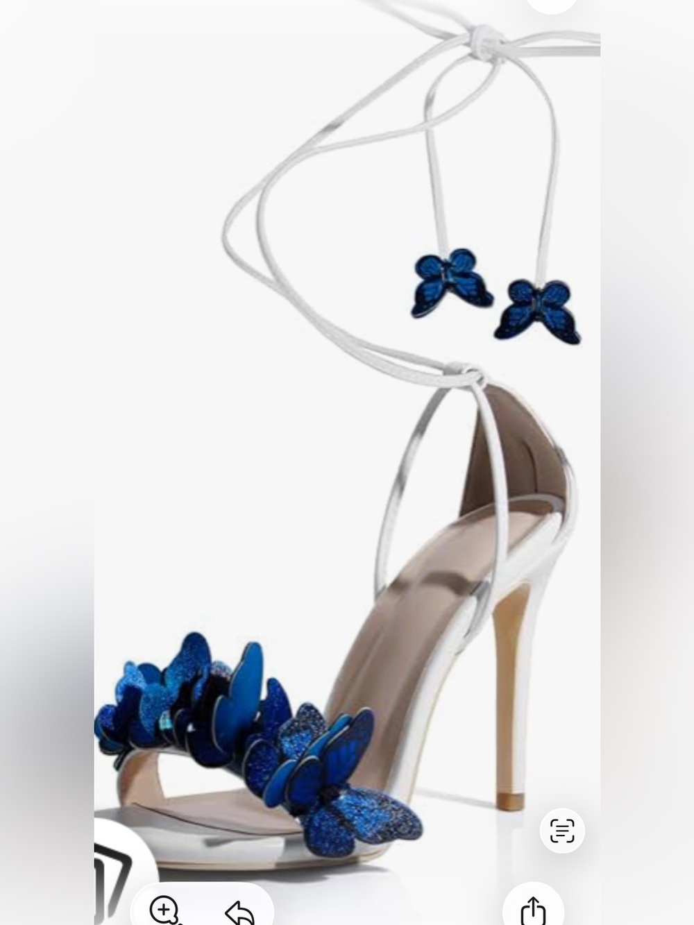 I adore White Ankle-Tie Heels with Blue and Black Butterfly Accents laceup